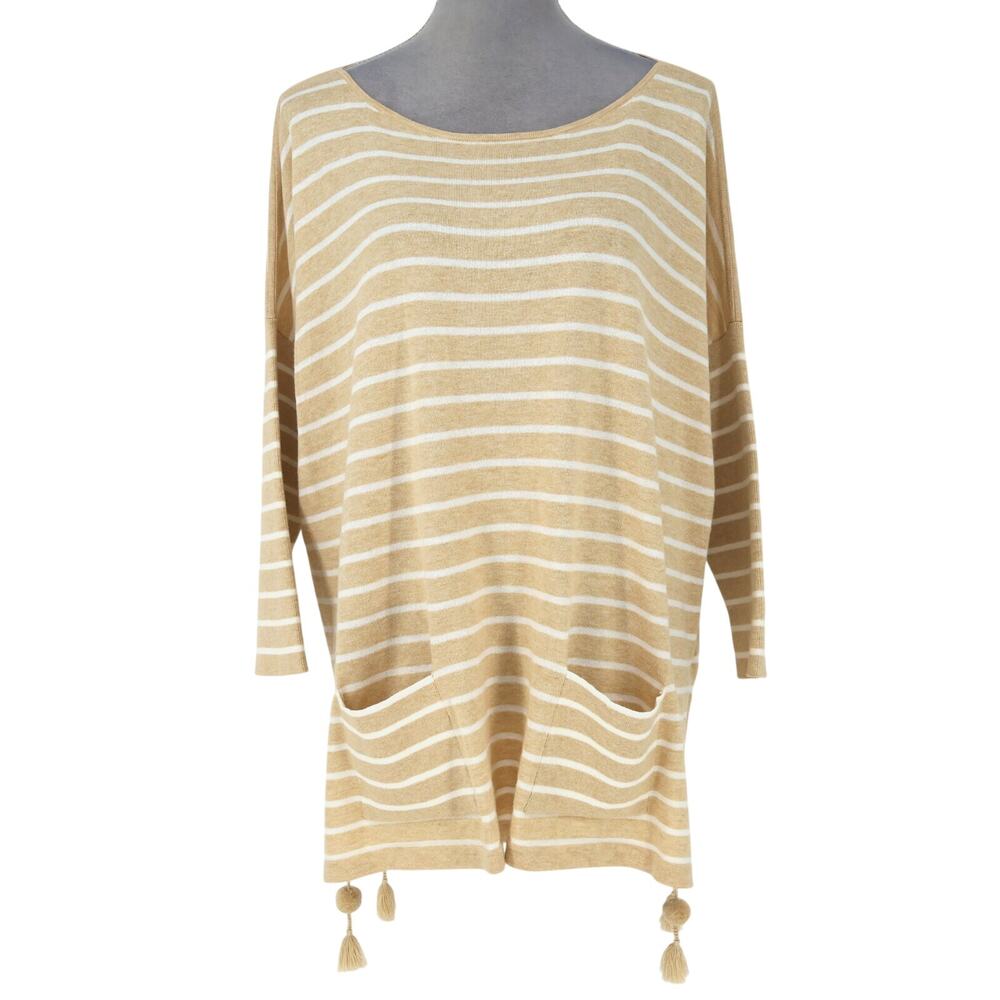 Lilly Pulitzer Sweater Womens Medium Beige Stripe Tunic Tassels Elba Coastal